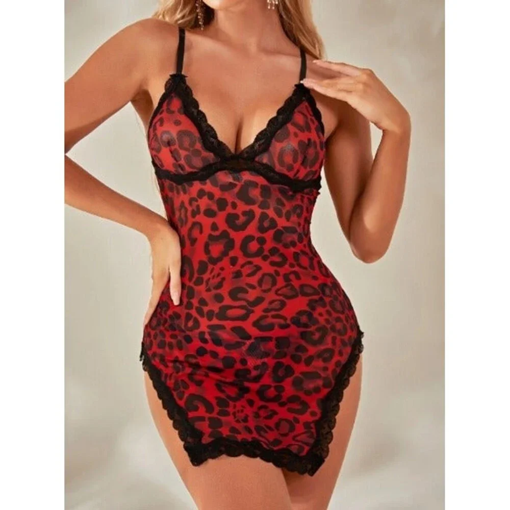Size 12 XL Leopard Print Contrast Lace M-slit Hem Mesh Babydoll & Thong